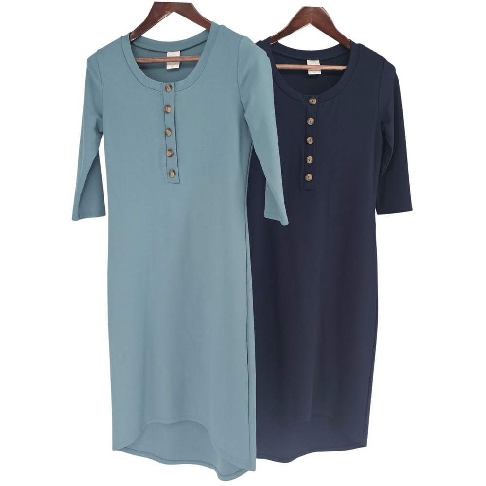 Lot of 2 Lou Lou Blue Henley High‑Low 3/4 Sleeve Knit Dresses Women's XS